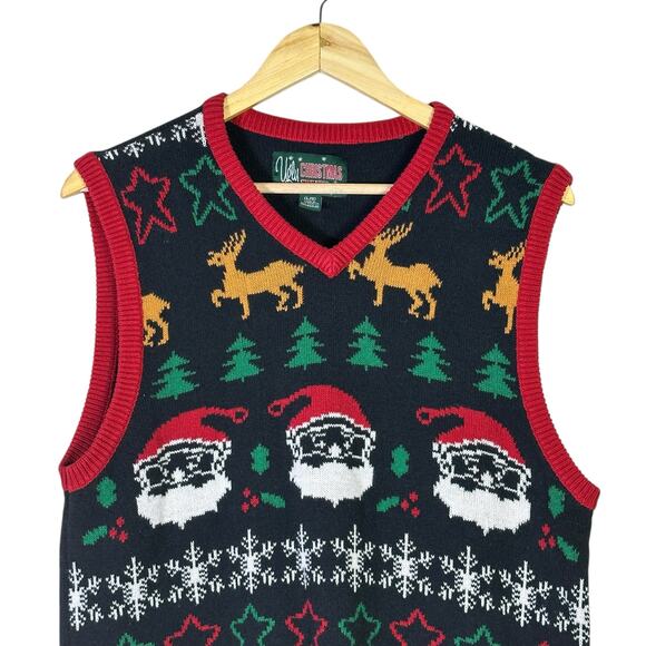 Ugly Christmas Sweater Vest Mens L Black Red Reindeer Santa Knit Holiday Retro - Picture 2 of 7